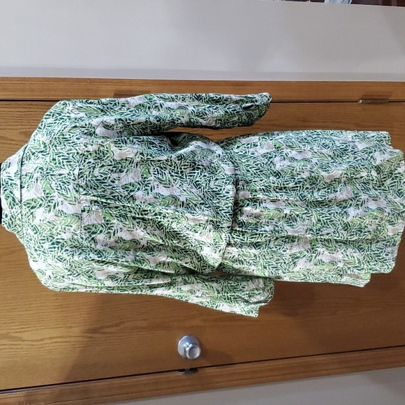 Cabi 3/4 sleeve faux wrap green tan leaf pattern mini dress - Picture 5 of 8
